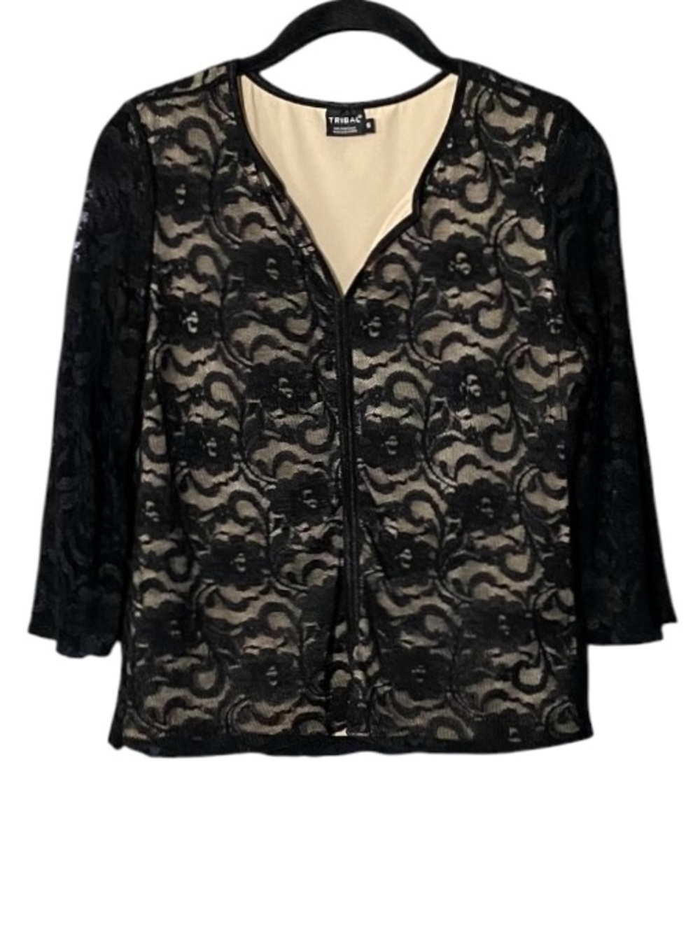 Tribal Black Floral Lace Top S Nude Lined 3/4 Sleeve Sheer Romantic Goth - Picture 2 of 9